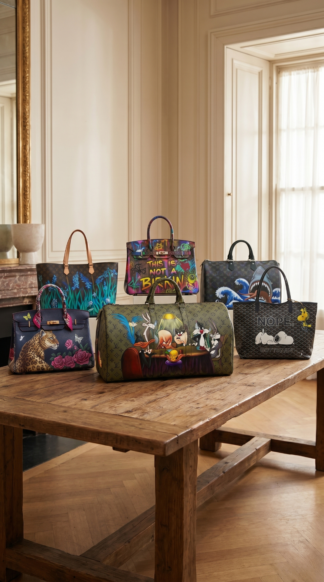 A selection of hand-painted luxury bags by Janan Studio